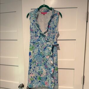Lilly Pulitzer Blue and Green Floral Midi Wrap Dress